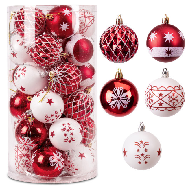 Sada vánočních závěsných dekorací SAPIN bílá / červená (30 ks)