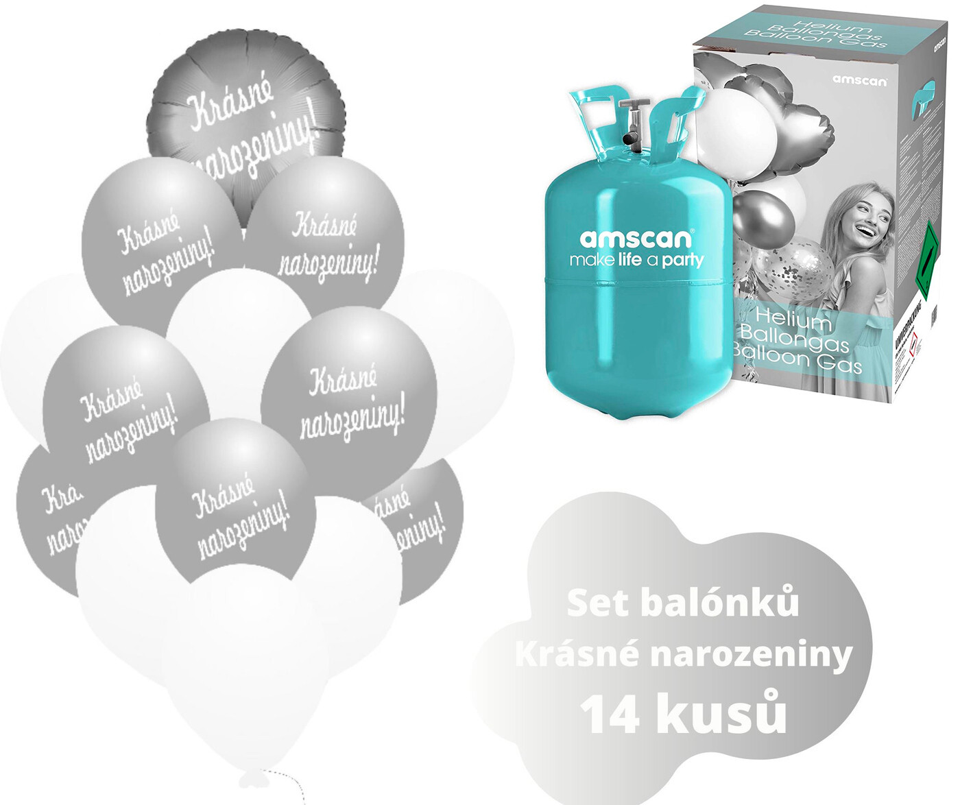 Helium set - stříbrný kruh a balónky KRÁSNÉ NAROZENINY - Balonky.cz