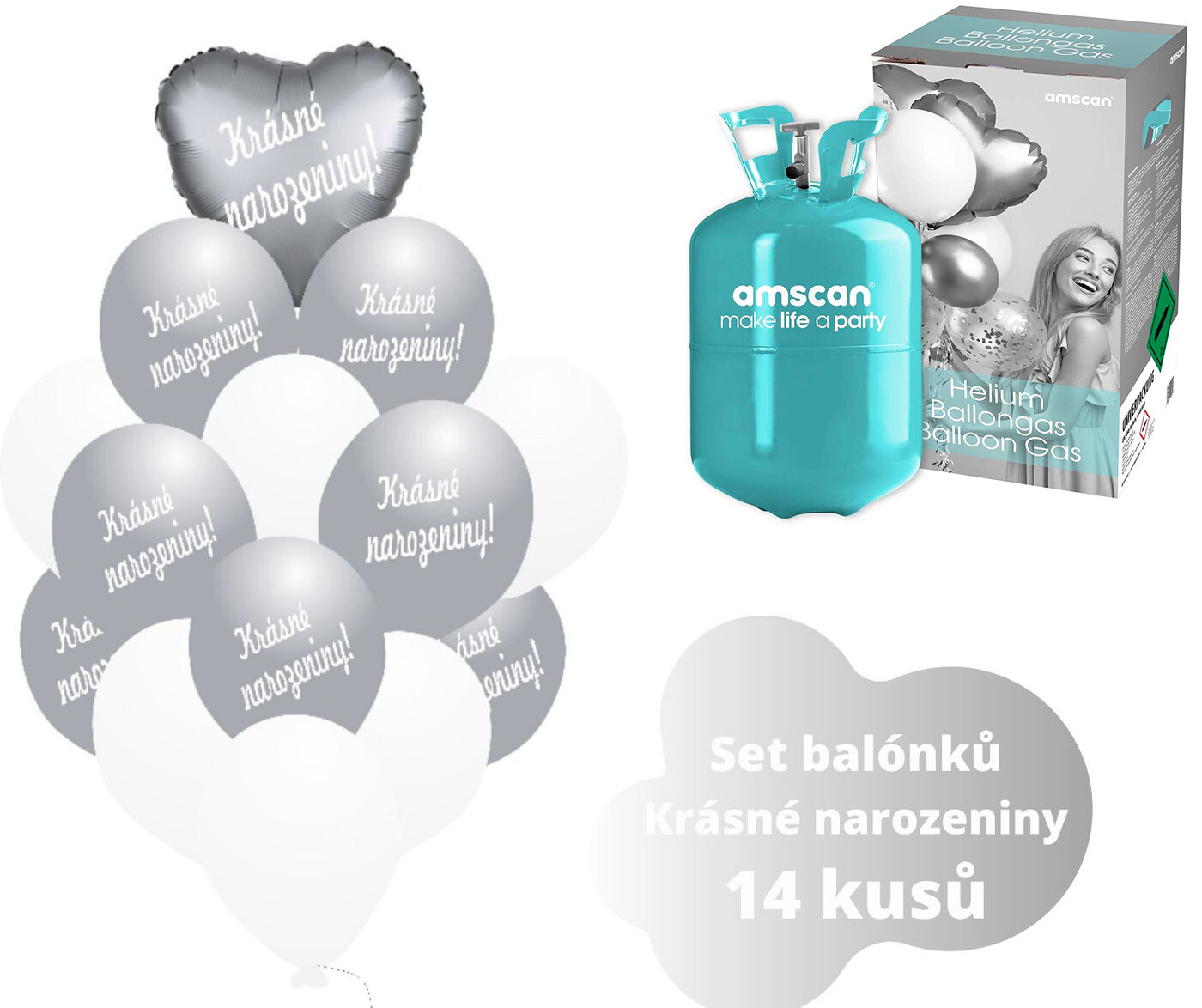 Helium set - stříbrné srdce a balónky KRÁSNÉ NAROZENINY - Balonky.cz