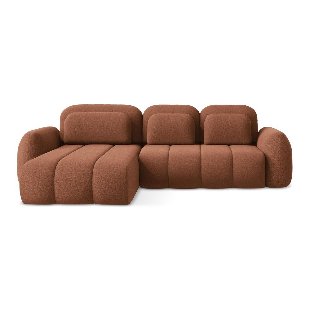 Rozkládací/s úložným prostorem rohová pohovka z textilie bouclé v terakotové barvě (levý roh/s lenoškou) Pele – Makamii