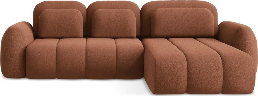 Rozkládací/s úložným prostorem rohová pohovka z textilie bouclé v terakotové barvě (pravý roh/s lenoškou) Pele – Makamii