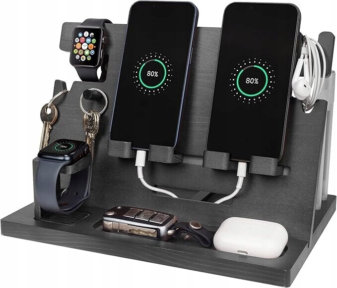 Dřevěná organizérová stanice na stůl pro nabíjení a ukládání věcí