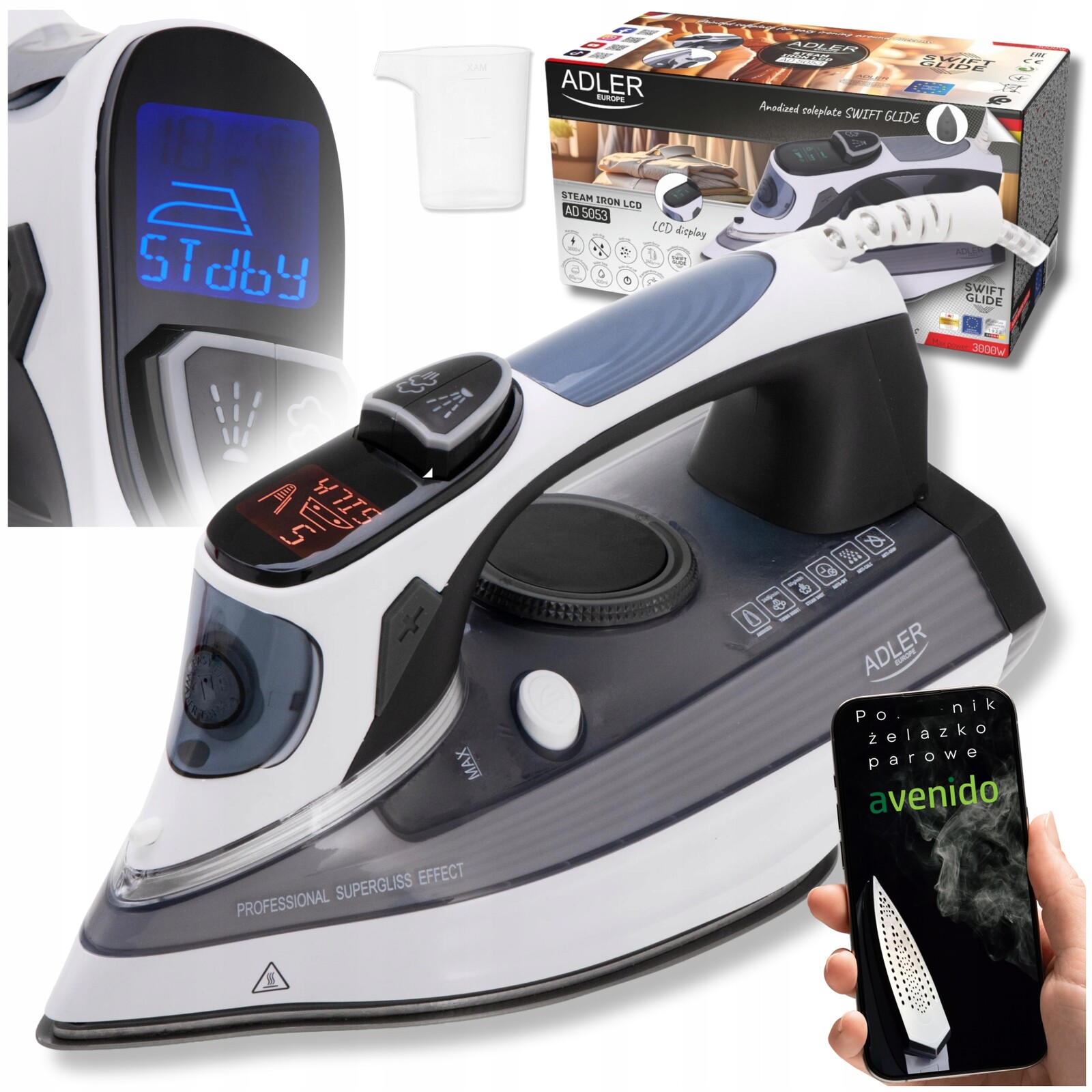 Žehlička s LCD 3000W Adler AD5053 Anodizovaná žehlicí plocha Swift Glide