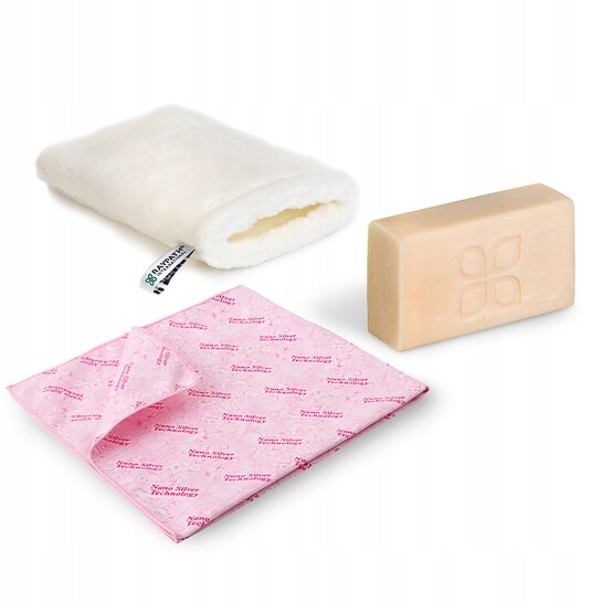 Sada čistící rukavice bílá Sunbeam šedé mýdlo Raypath bez chemie