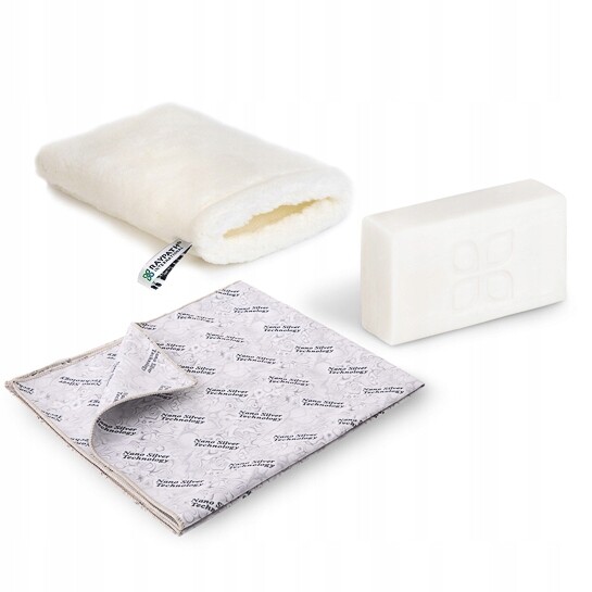 Sada s nanostříbrem rukavice bílá sunbeam šedá bílé mýdlo Raypath