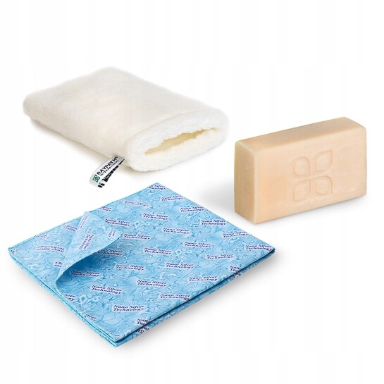 Sada mycí bílá rukavice Sunbeam šedé mýdlo s nanostříbrem Raypath