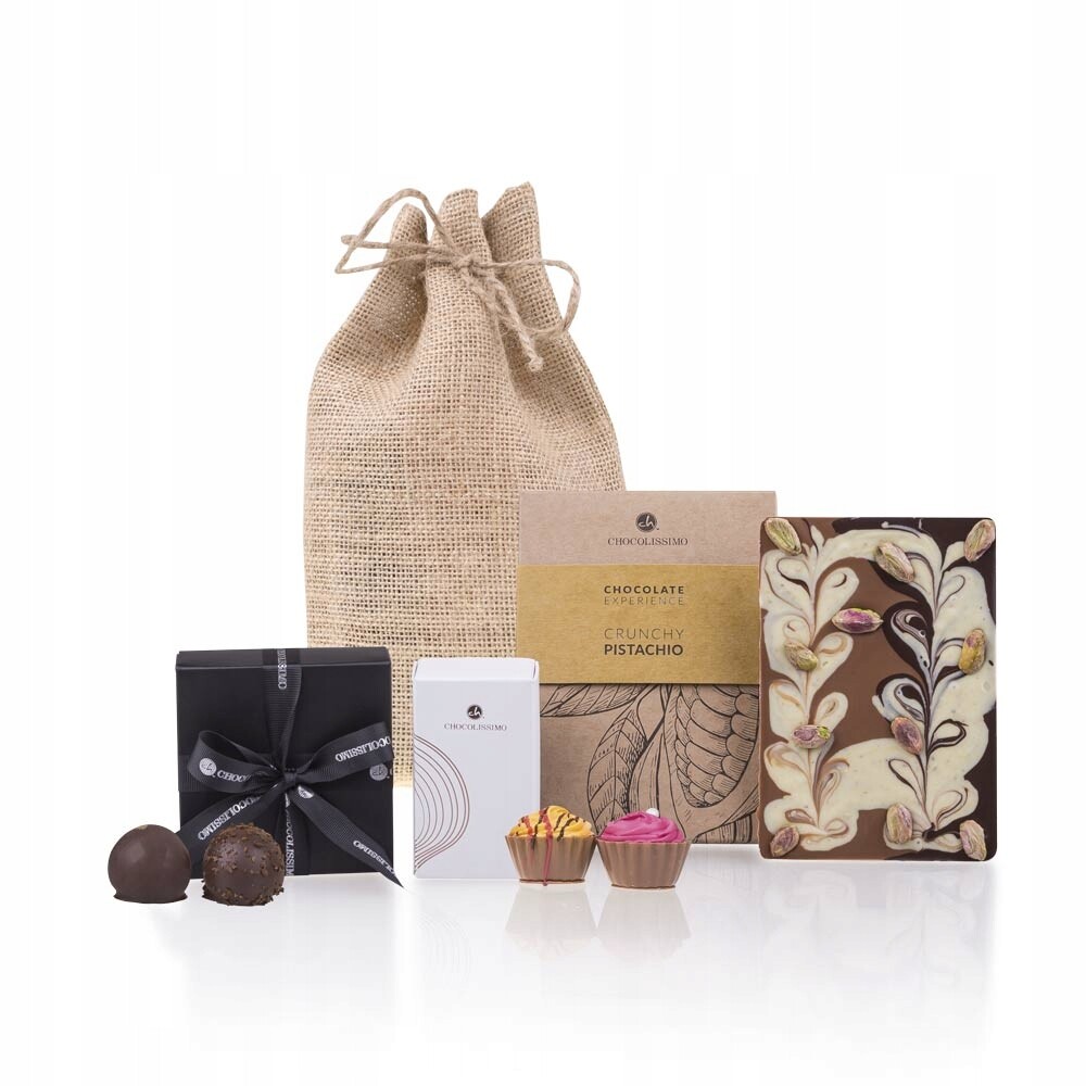 Sada sladkostí z belgické čokolády v jutovém sáčku jako dárek eko