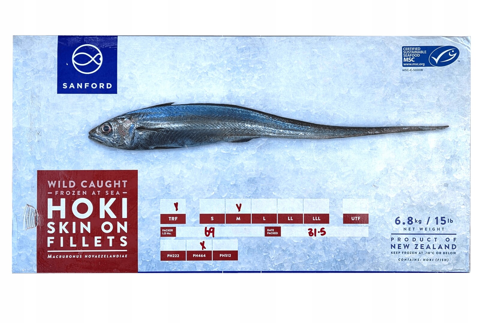 Novozélandský Filé z hoki s kůží 110-170g Sanford 6,8kg
