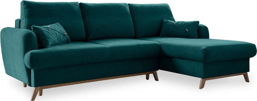 Tyrkysová rozkládací/s úložným prostorem rohová pohovka (pravý roh/s lenoškou) Scandic Lagom – Miuform