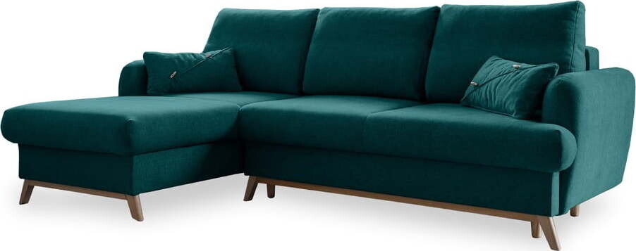 Tyrkysová rozkládací/s úložným prostorem rohová pohovka (levý roh/s lenoškou) Scandic Lagom – Miuform