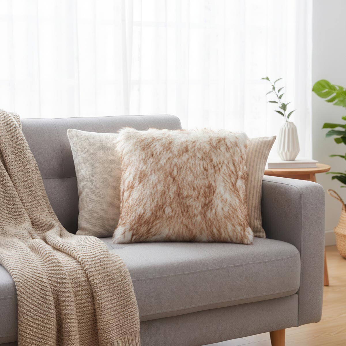 Dekorační polštář s umělou kožešinou, 45 x 45 cm, béžový