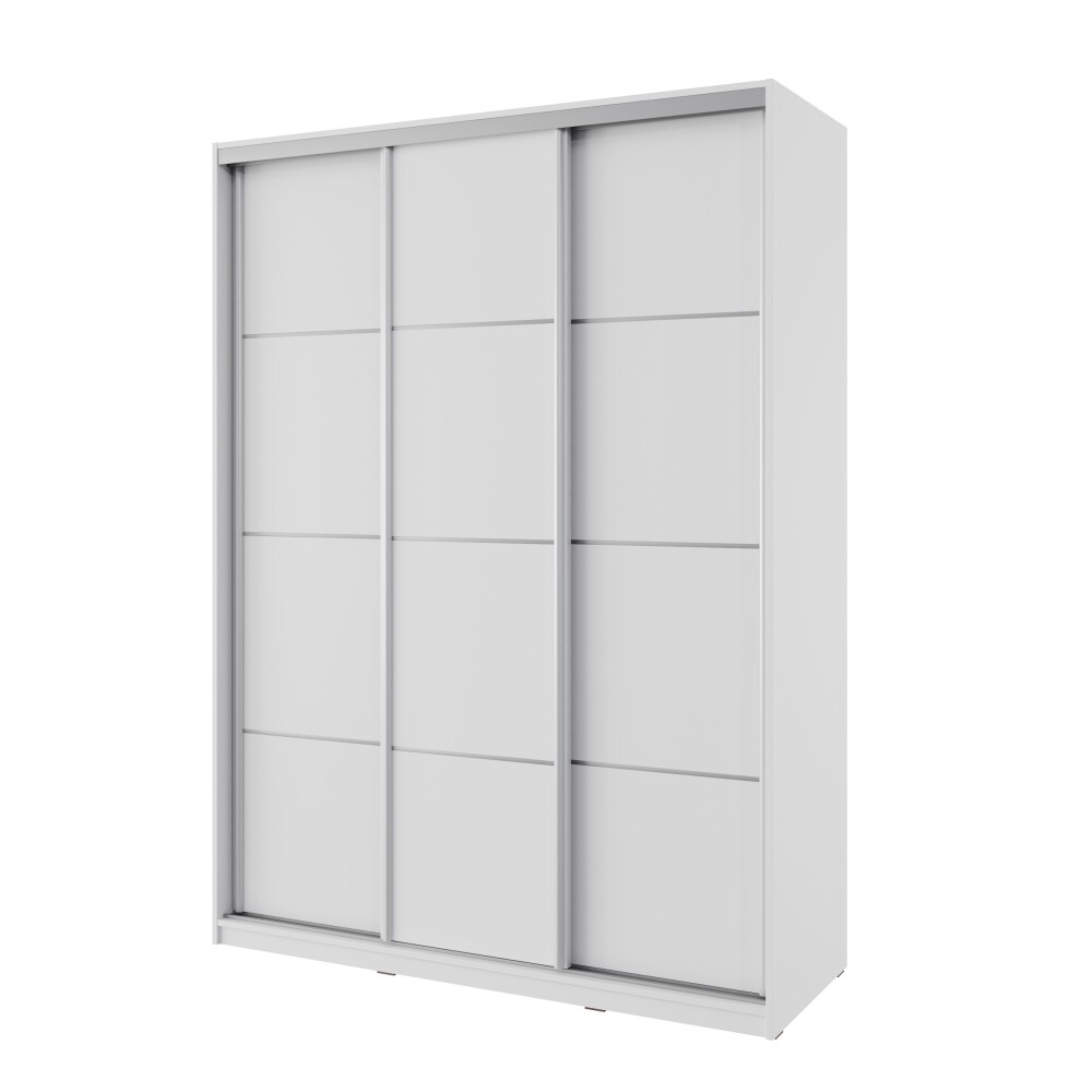 Šatní skříň NEJBY BARNABA 150 cm s posuvnými dveřmi, 4 šuplíky a 2 šatními tyčemi, bílá