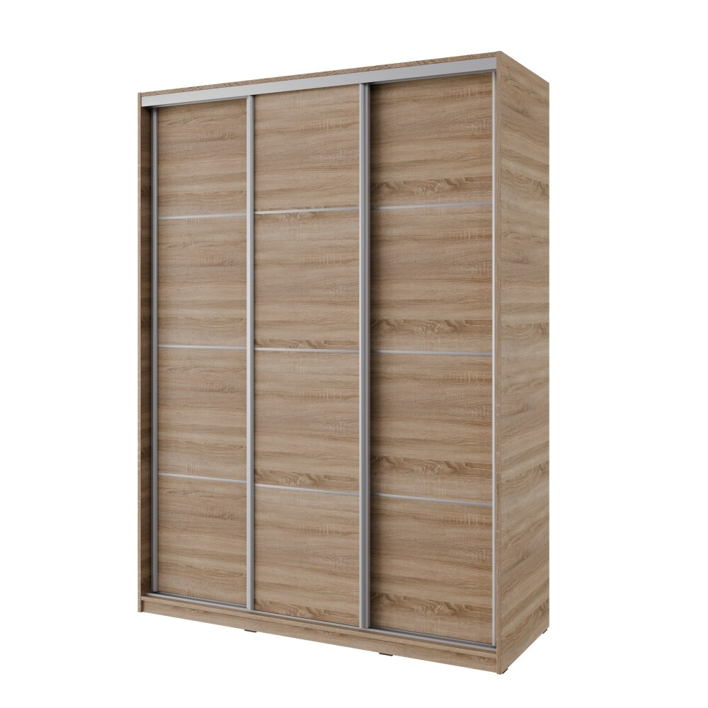 Šatní skříň NEJBY BARNABA 150 cm s posuvnými dveřmi, 4 šuplíky, 2 šatními tyčemi, dub sonoma
