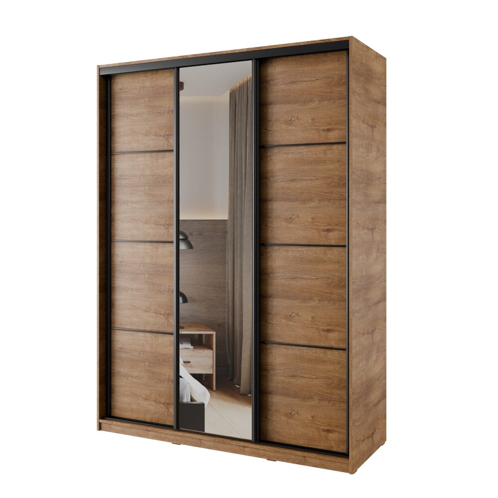 Šatní skříň NEJBY BARNABA 150 cm s posuvnými dveřmi,zrcadlem,4 šuplíky a 2 šatními tyčemi,dub lefkas