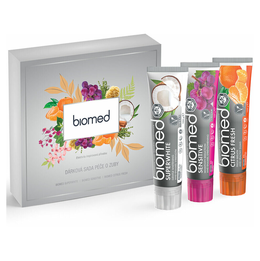BIOMED dámská dárková sada past na zuby Superwhite, Sensitive, Citrus Fresh 3 x 100 g, poškozený obal