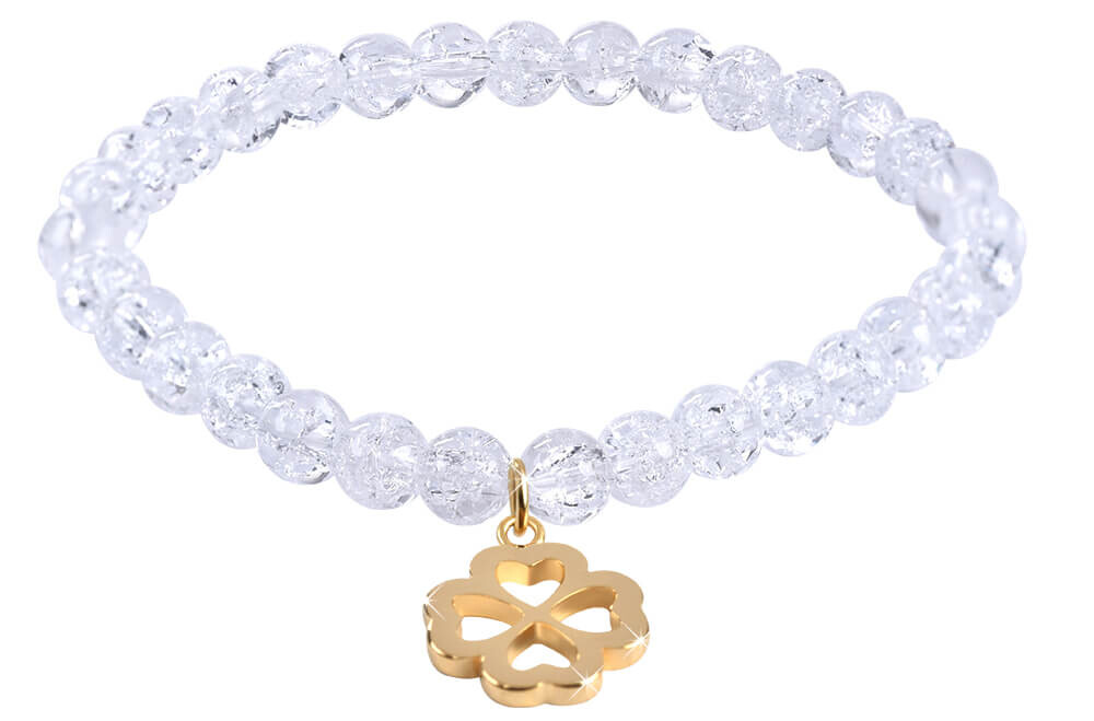 Korálkový náramek z popraskaného křišťálu se čtyřlístkem Troli / Délka: 17 cm