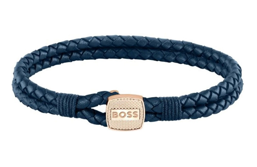 Modrý pletený náramek z kůže Seal 1580668 Hugo Boss / Délka: 17,5 cm