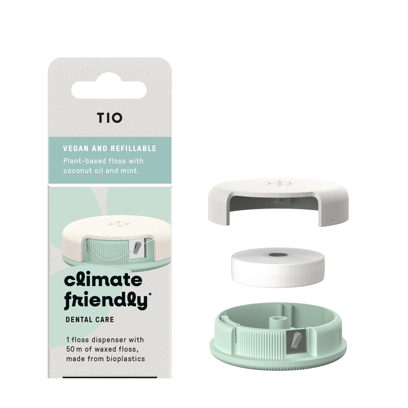 TIO TIOFLOSS Zubní nit se zásobníkem - s mátou a bio kokosovým olejem