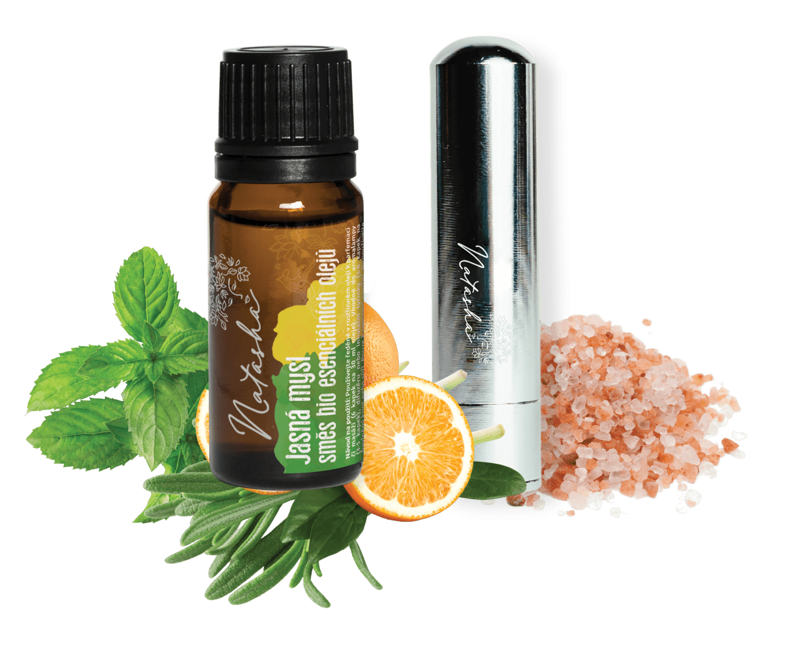 Natasha Aroma sada s inhalátorem - Jasná mysl - svěží pomeranč, peprmint a rozmarýn