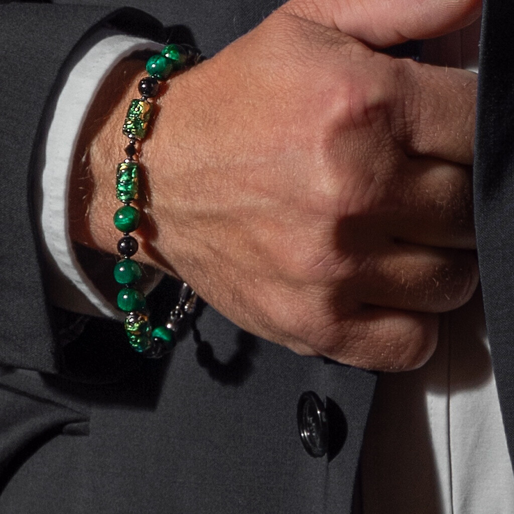 Pánský náramek Eye of the Tiger s 24karátovým zlatem v perlách Lampglas BFM14 Lampglas / Délka: 23 cm