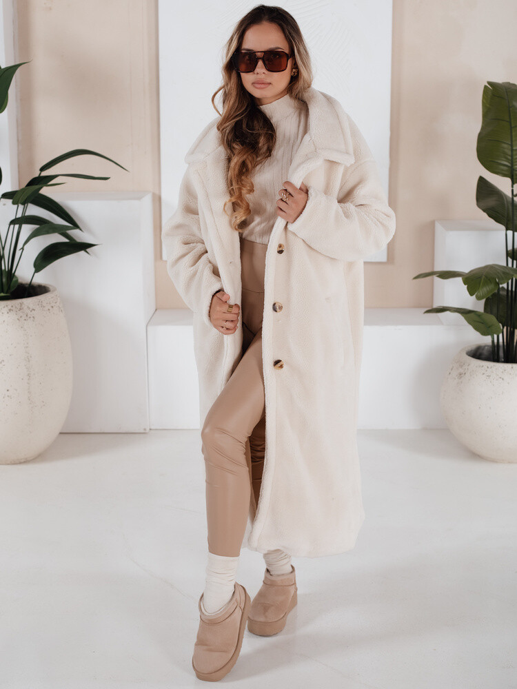 Płaszcz zimowy damski teddy futrzany długi kremowy Dstreet