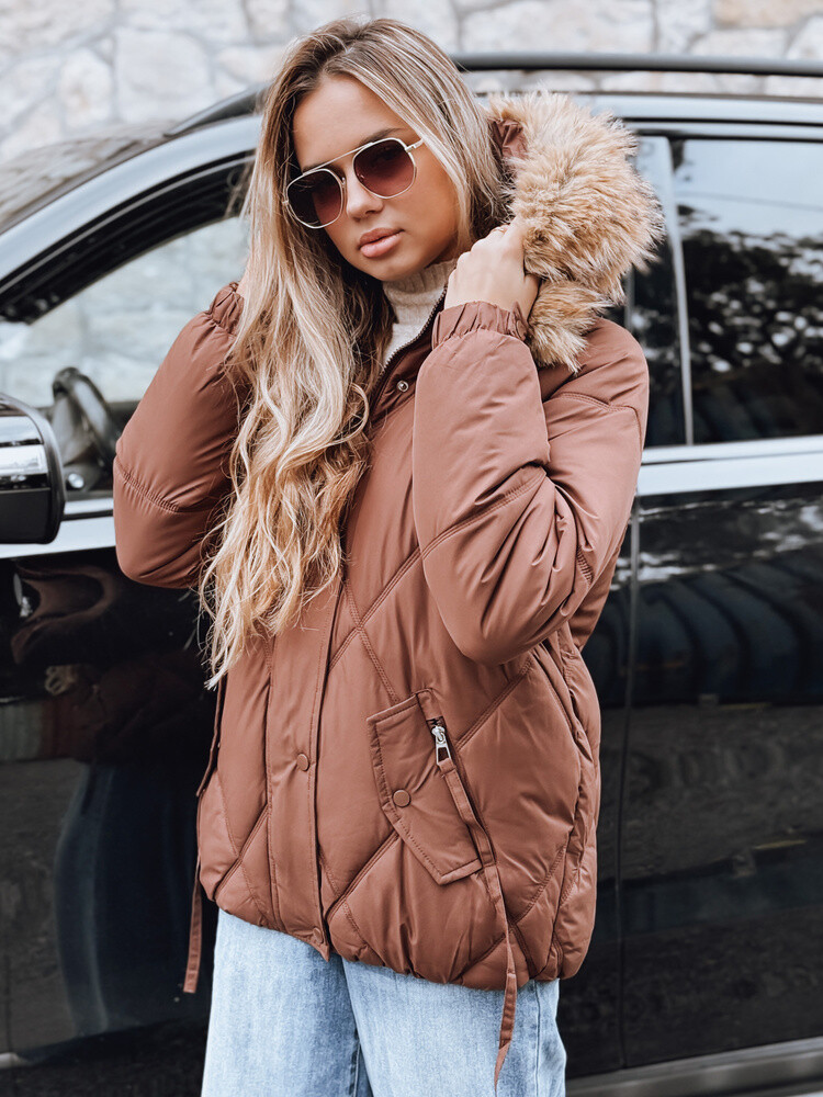 Kurtka damska zimowa pikowana z kapturem brązowa Dstreet