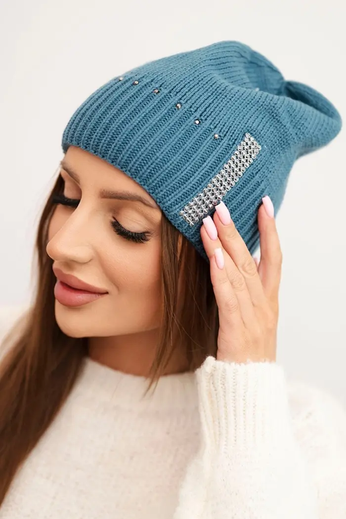 Kesi Dámská zimní čepice z vlny s cyrkony K453 jeansová