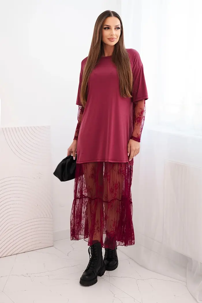 Kesi Włoski Dámské šaty s tylovým spodním dílem a rukávy bordová