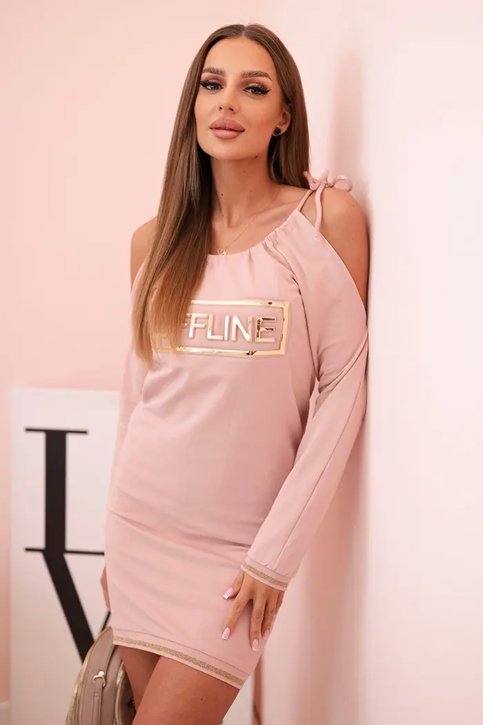 Kesi Dámská bavlněná šaty s odhalenými rameny a nápisem OFFLINE tmavě pudrově růžová