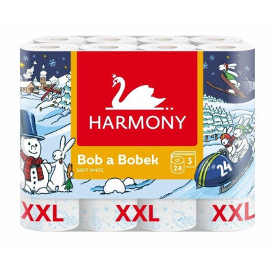 Harmony Soft White 3vsrtvý toaletní papír Bob & Bobek 118 útržků, role 15 m, 24 rolí