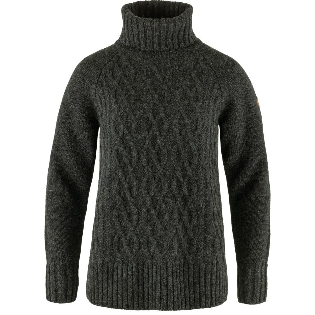 FJÄLLRÄVEN Övik Cable Knit Roller Neck W, Dark Grey velikost: S