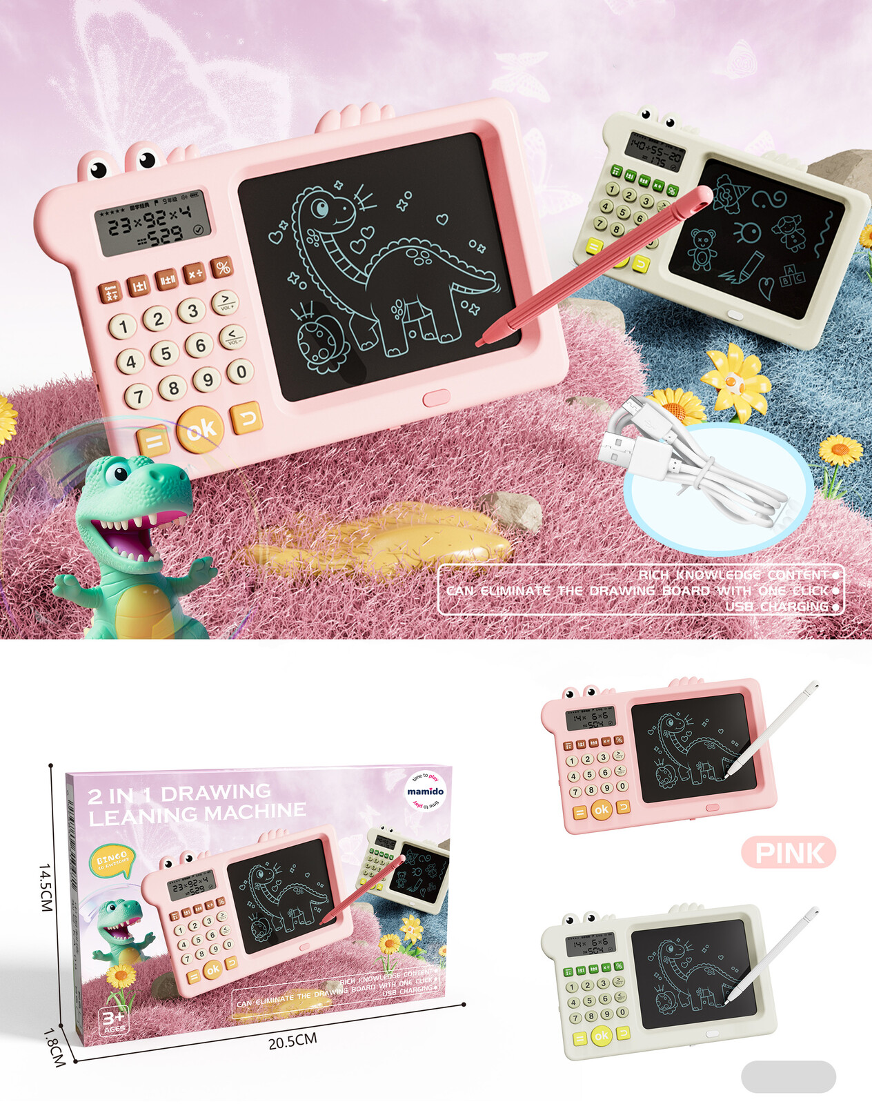 Mamido Mamido Dětský psací tablet s kalkulačkou 2v1 dinosaurus