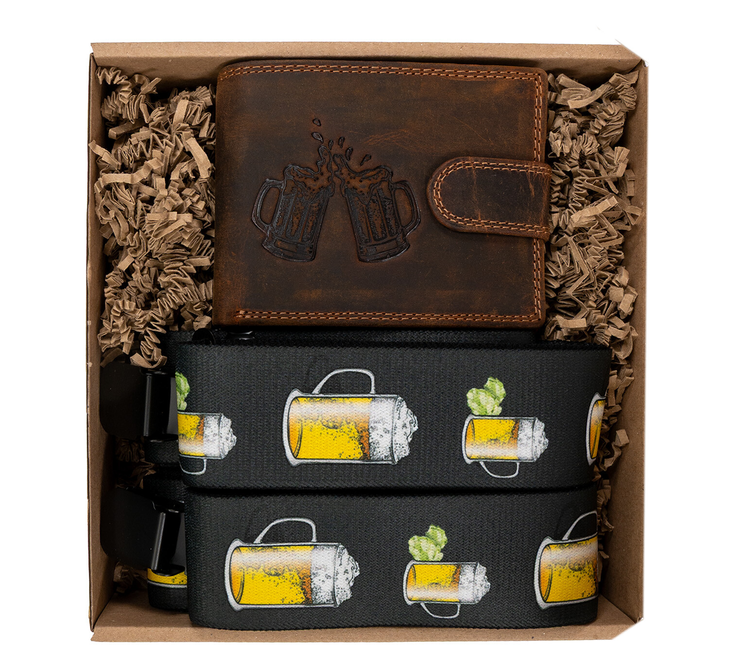 PIX Dárkový set pro muže - Kožená peněženka s přezkou a kšandy - Pivo