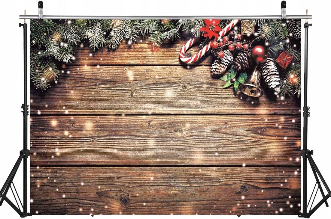 Vánoční fotografické pozadí 150 x 210 cm Dřevěné desky borovice s vánočními ozdobami