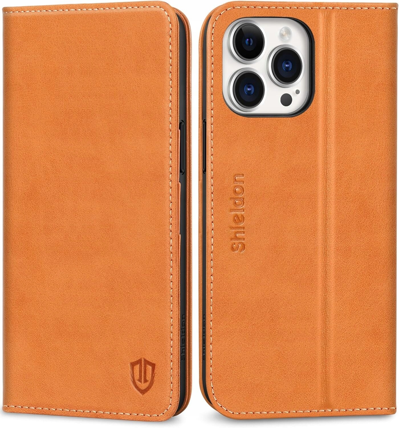 Shieldon Pouzdro z přírodní kůže s klopou pro iPhone 15 Pro Max, světle hnědá barva