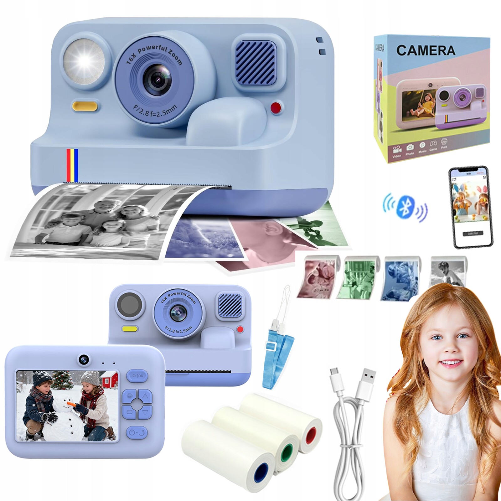 Instantní Fotoaparát Pro Děti 3v1 Tisk Selfie 180° MP3 Hry Bonus