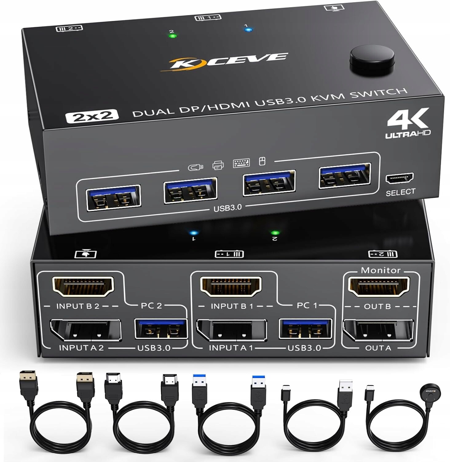Kvm přepínač pro 2 počítače a 2 monitory, Dp Hdmi, 4K60Hz, KVM202DH, Usb 3.0, DisplayPort