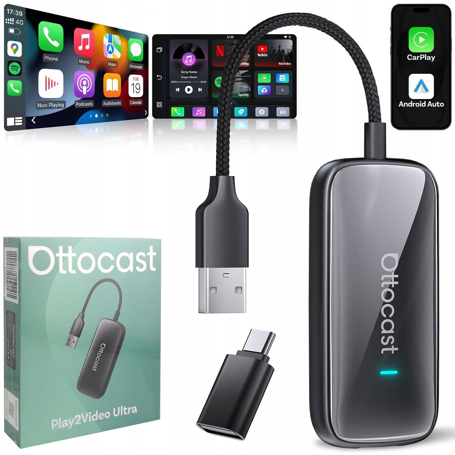 Ottocast Play Bezdrátový adaptér do auta pro Android Auto Apple CarPlay