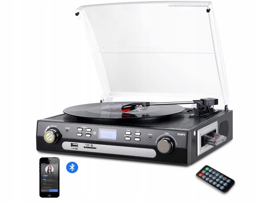 Gramofon, Kazety, Rádio, Bluetooth, Usb přehrávač s Aux vstupem a dálkovým ovládáním