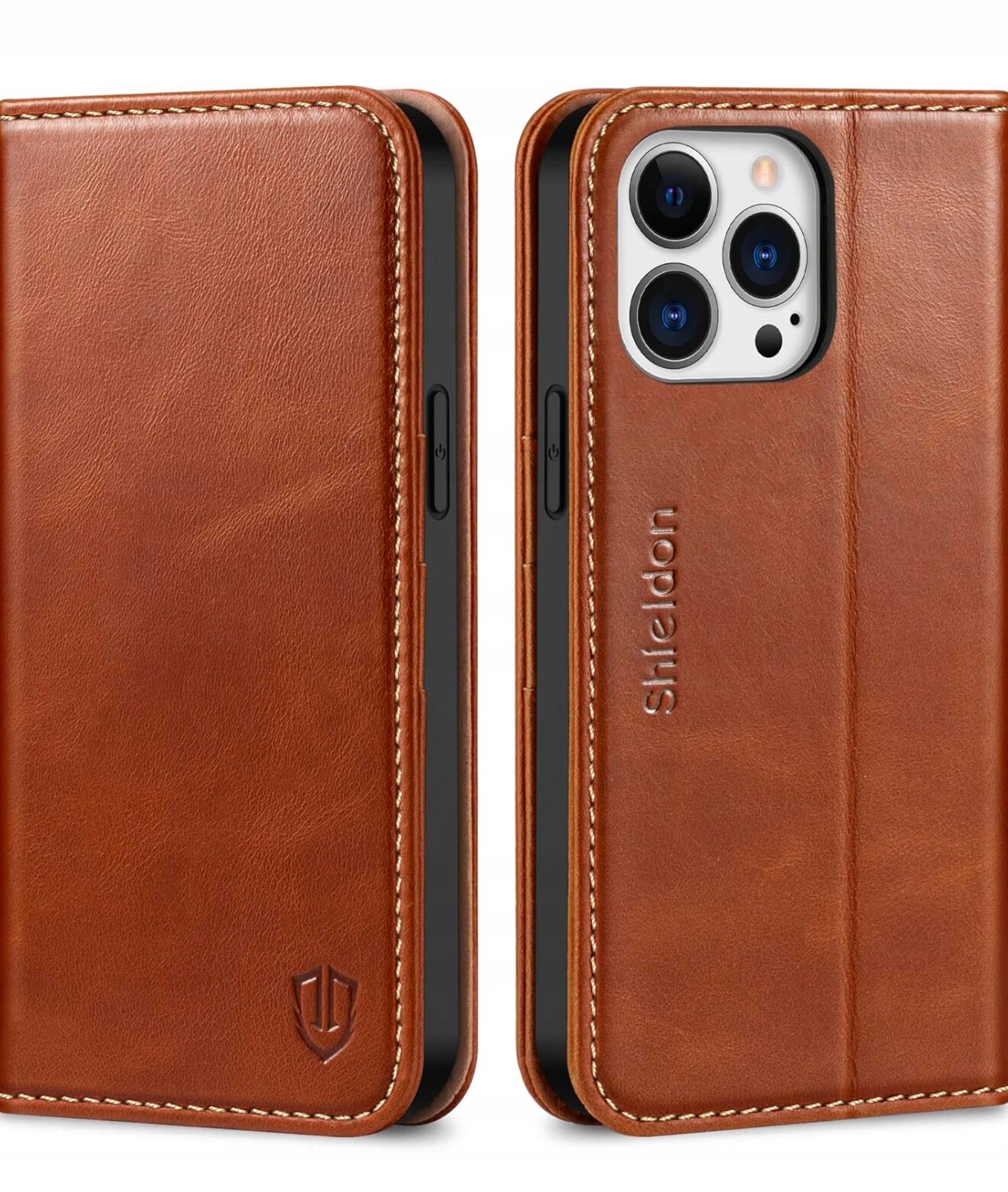 Shieldon přírodní kožené Pouzdro s klopou pro iPhone 13 Pro Max Rfid, hnědé