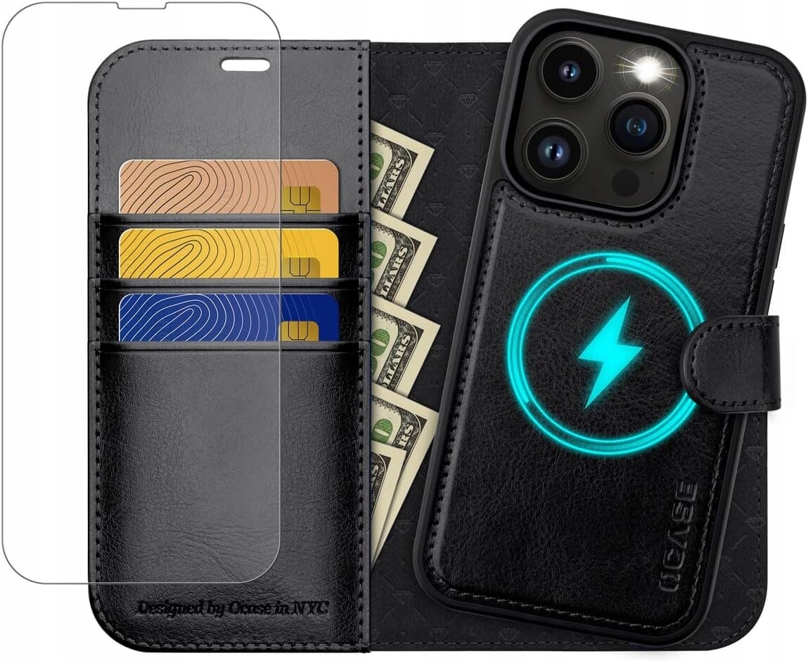 Kožené pouzdro Ocase Magsafe pro iPhone 13 Pro 2v1 s peněženkou, černé sklo