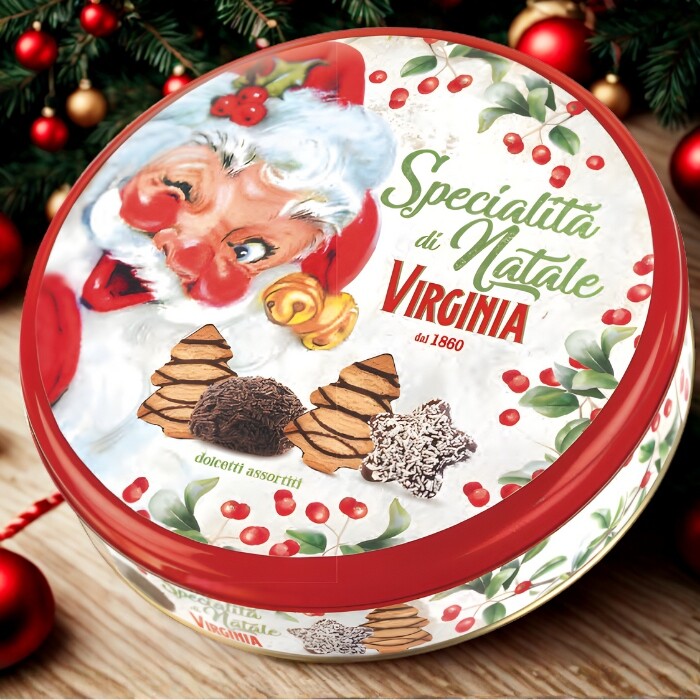 Vánoční sušenky zdobené čokoládou v kovovém obalu, 260 g