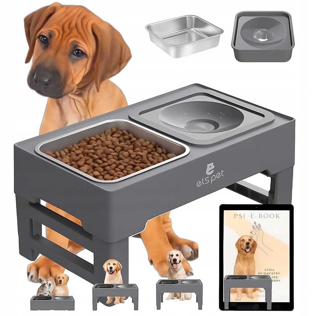 Miska pro psa kočku nastavitelná na stojanu, dvojitá, netekoucí, kovová, 2v1