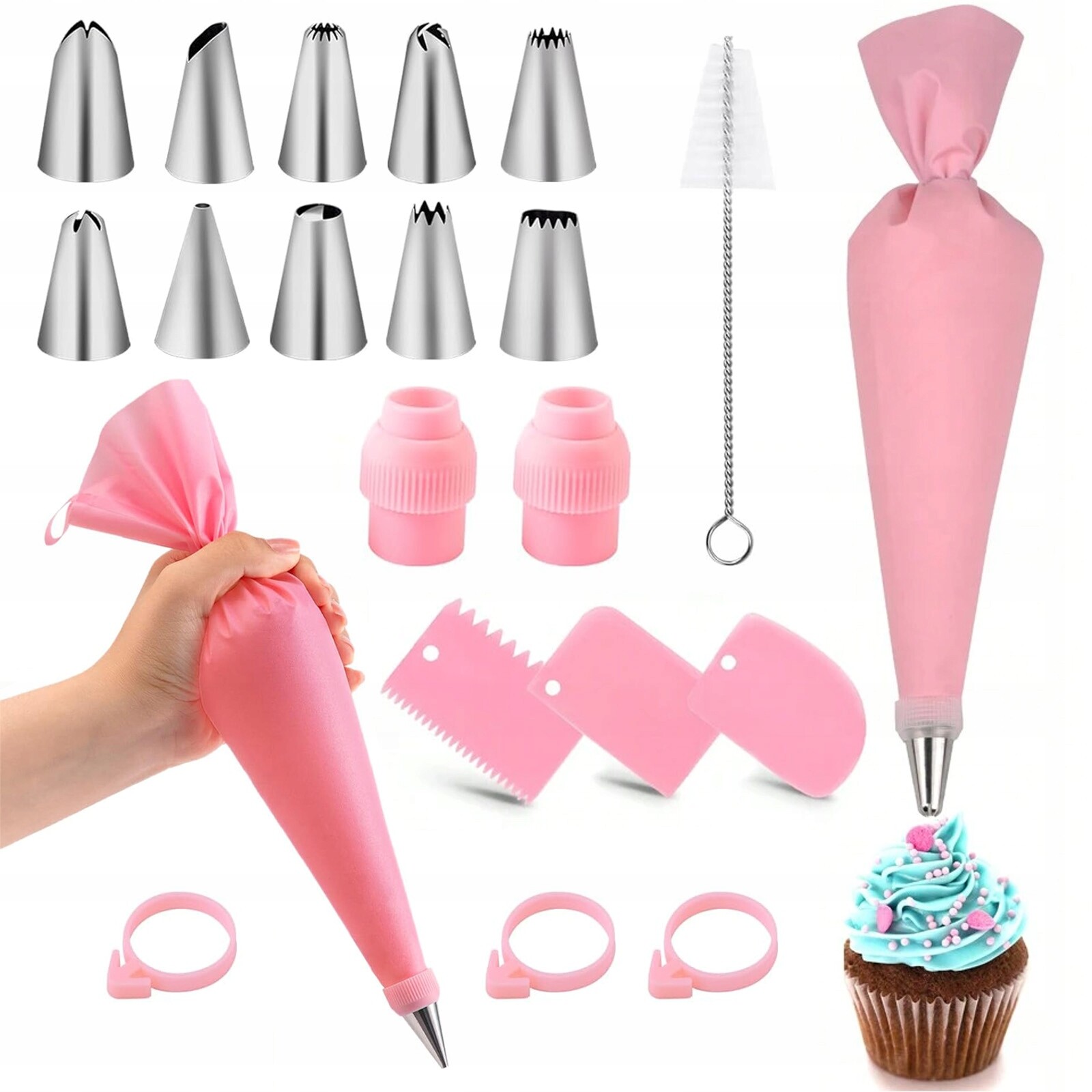 40x cukrářských rukávů, 2x silikonové ozdoby na dorty, 10 ks cukrářských formiček