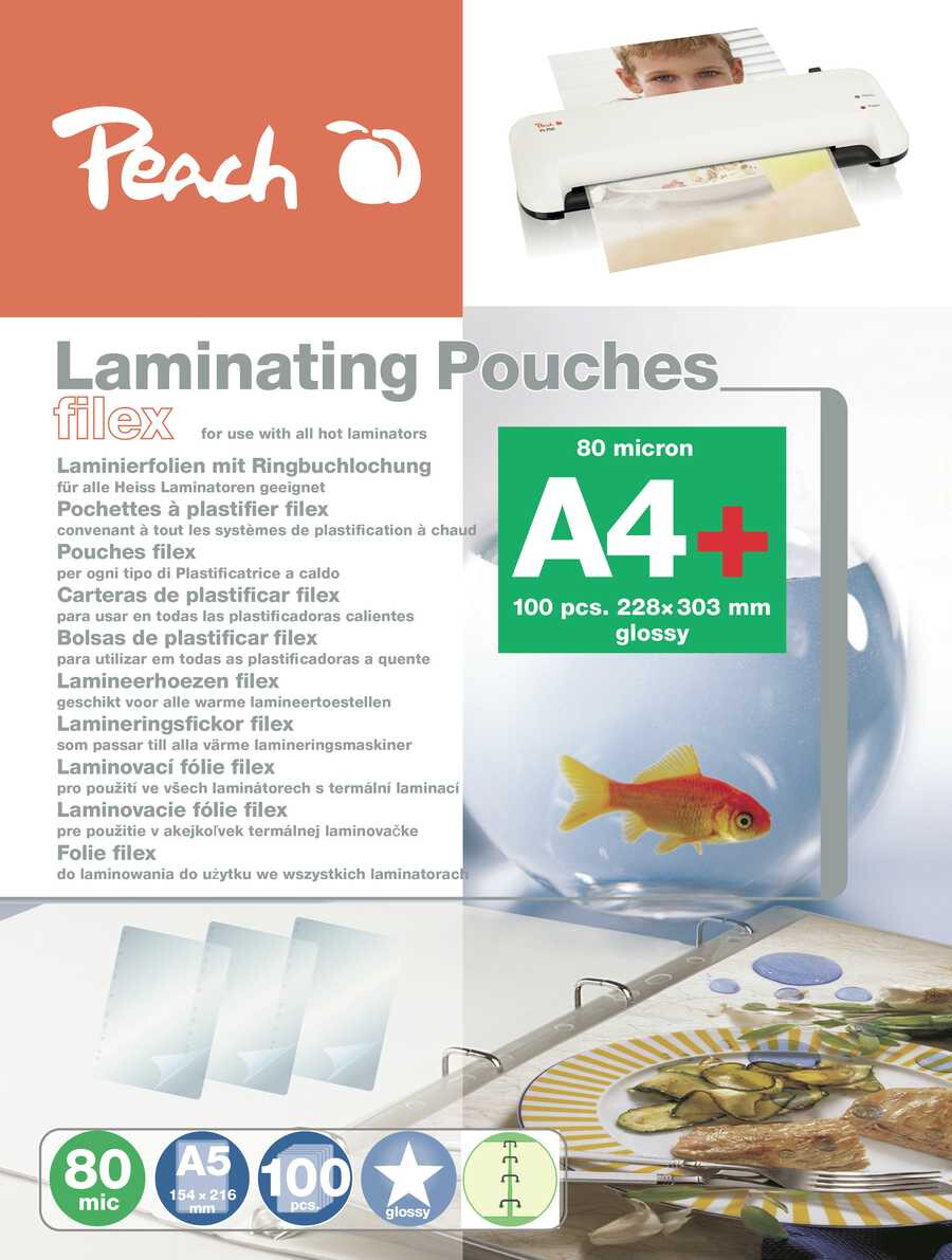 PEACH laminovací folie A4 (228x303mm), 80mic, lesklé, eurozávěs, 100ks