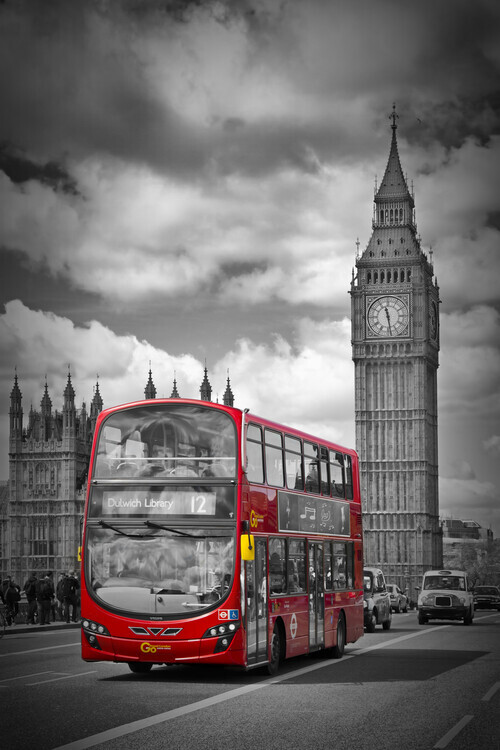 Melanie Viola Plakát, Obraz - LONDON Houses Of Parliament & Red Bus, Melanie Viola, 26.7 × 40 cm