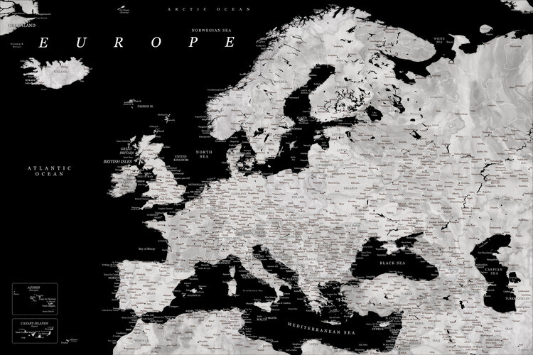 Blursbyai Plakát, Obraz - Black and grey detailed map of Europe in watercolor, Blursbyai, 40 × 26.7 cm