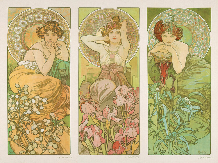 Alfons Mucha Plakát, Obraz - The Precious Stones: Topaz, Amethyst & Emerald, Alfons Mucha, 40 × 30 cm