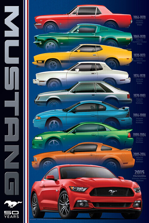EUROGRAPHICS Plakát, Obraz - Ford Mustang 50 Years-9 types, 61 × 91.5 cm