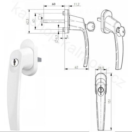 Klika zamykací na balkonové dveře a okno, bílá, čtyřhran 60 x 7 mm, 4 polohy, 2 klíče